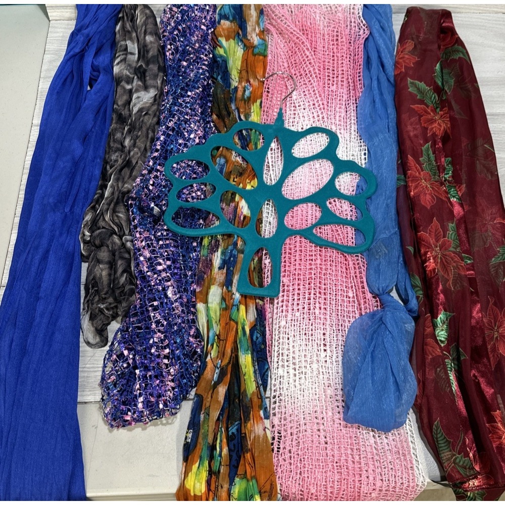 Lot of 7 Assorted Scarves w/ Tree Scarf Hanger Variety of Styles & Fabrics